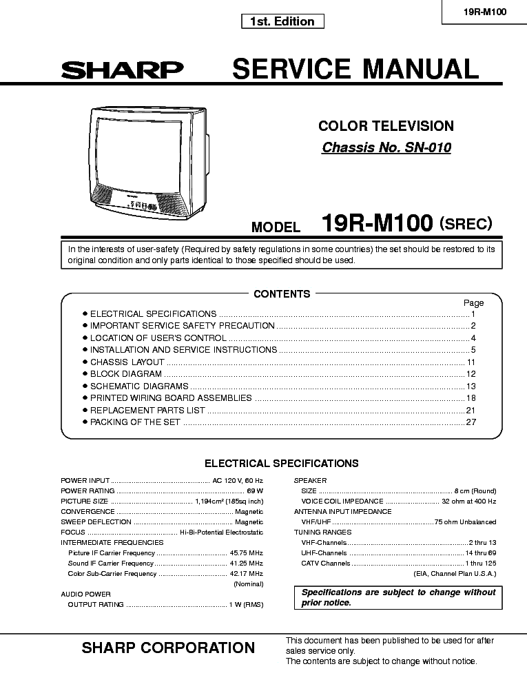 SHARP 19R-M100 [SREC] CHASSIS SN-010 service manual (1st page)